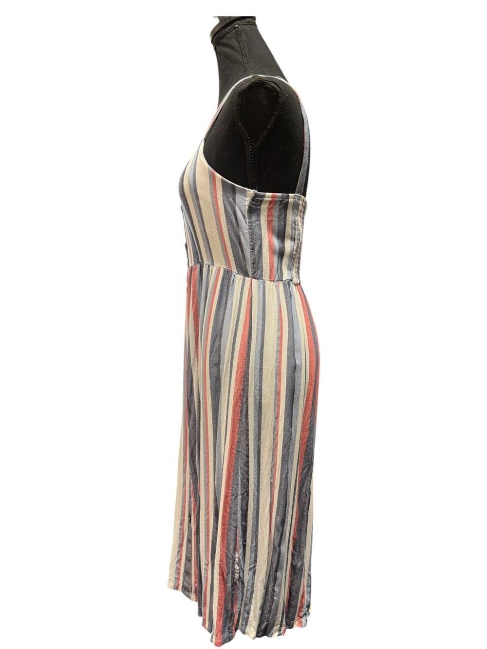 Striped Button-Front Midi Dress in Blue, Cream & Coral Size Small - Picture 4 of 10